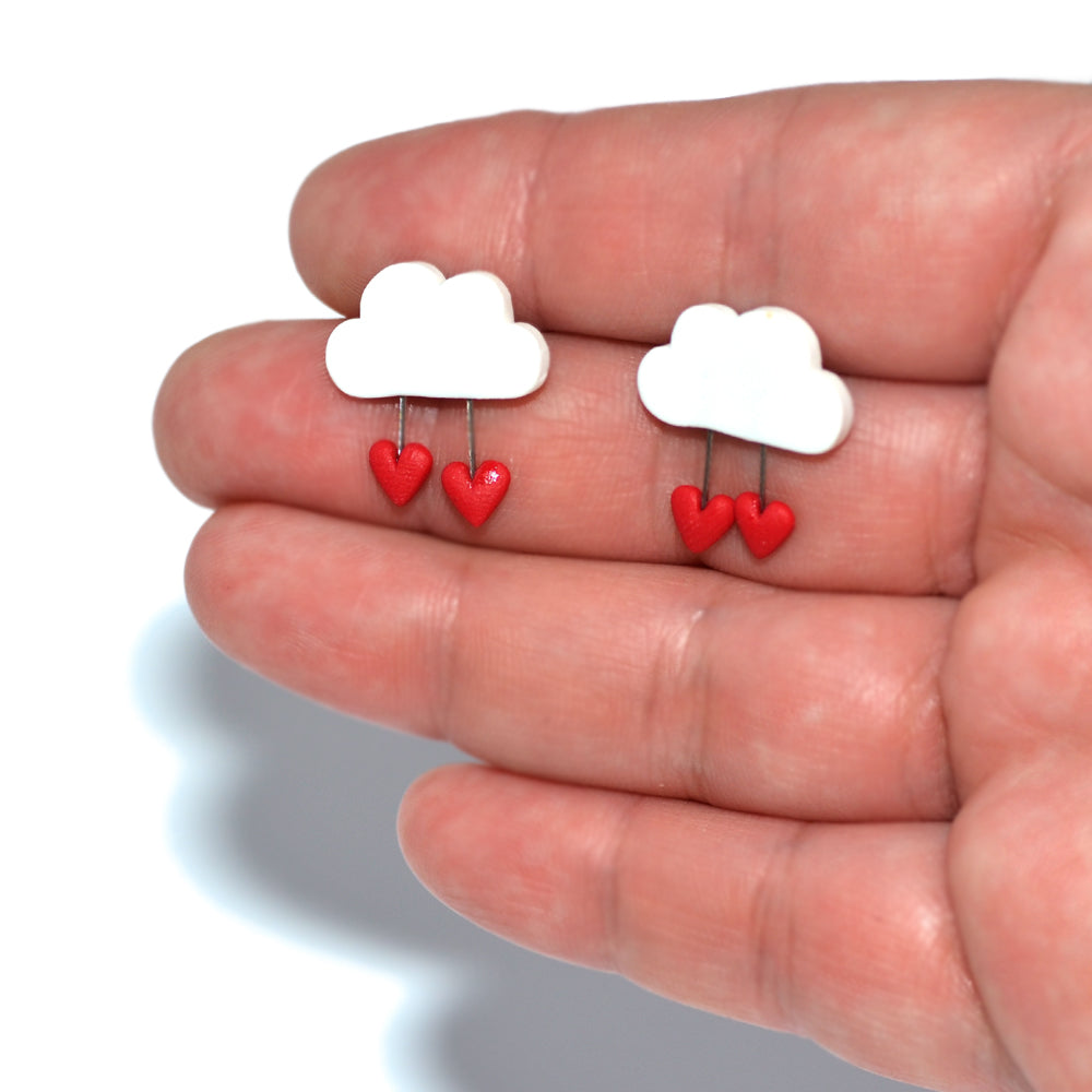 Stud earrings white clouds with red hearts