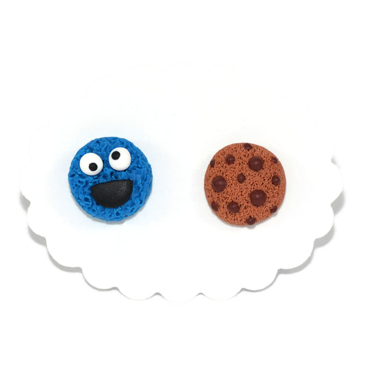 Cookie monster earrings and chocolate chip cookie